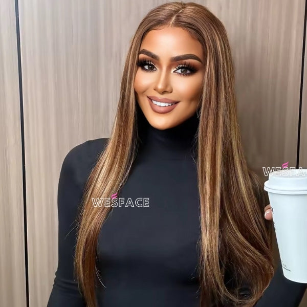 Promoção relâmpago Wesface P4/27 Destaque Cor Liso Pré-arrancado Peruca sem cola 180% Densidade Cabelo humano