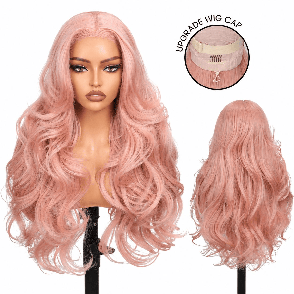 Wigaga 28 Inch Pink Body Wave Wig, 13x4x1 HD Lace Glueless T-Part Lace Front Synthetic Wig for Women, Pre-Plucked Natural Hairline with Baby Hair, 200% Density, Soft Lightweight Heat-Resistant Premium Fiber