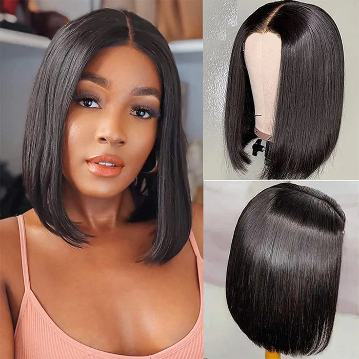 Wesface Short Bob Straight Wear Go 4x4 Pre-Cut Lace Wig Lace Closure Glueless Human Hair Wig 180% Density
