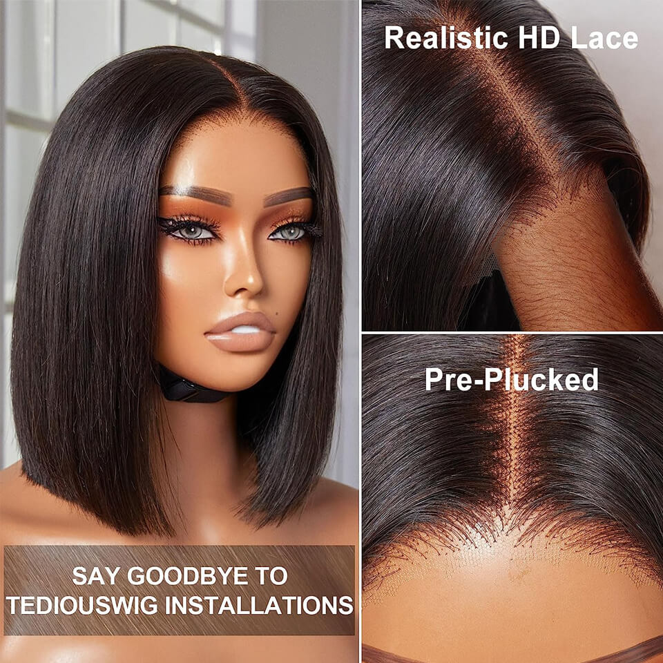 Wesface Short Bob Straight Wear Go 4x4 Pre-Cut Lace Wig Lace Closure Glueless Human Hair Wig 180% Density