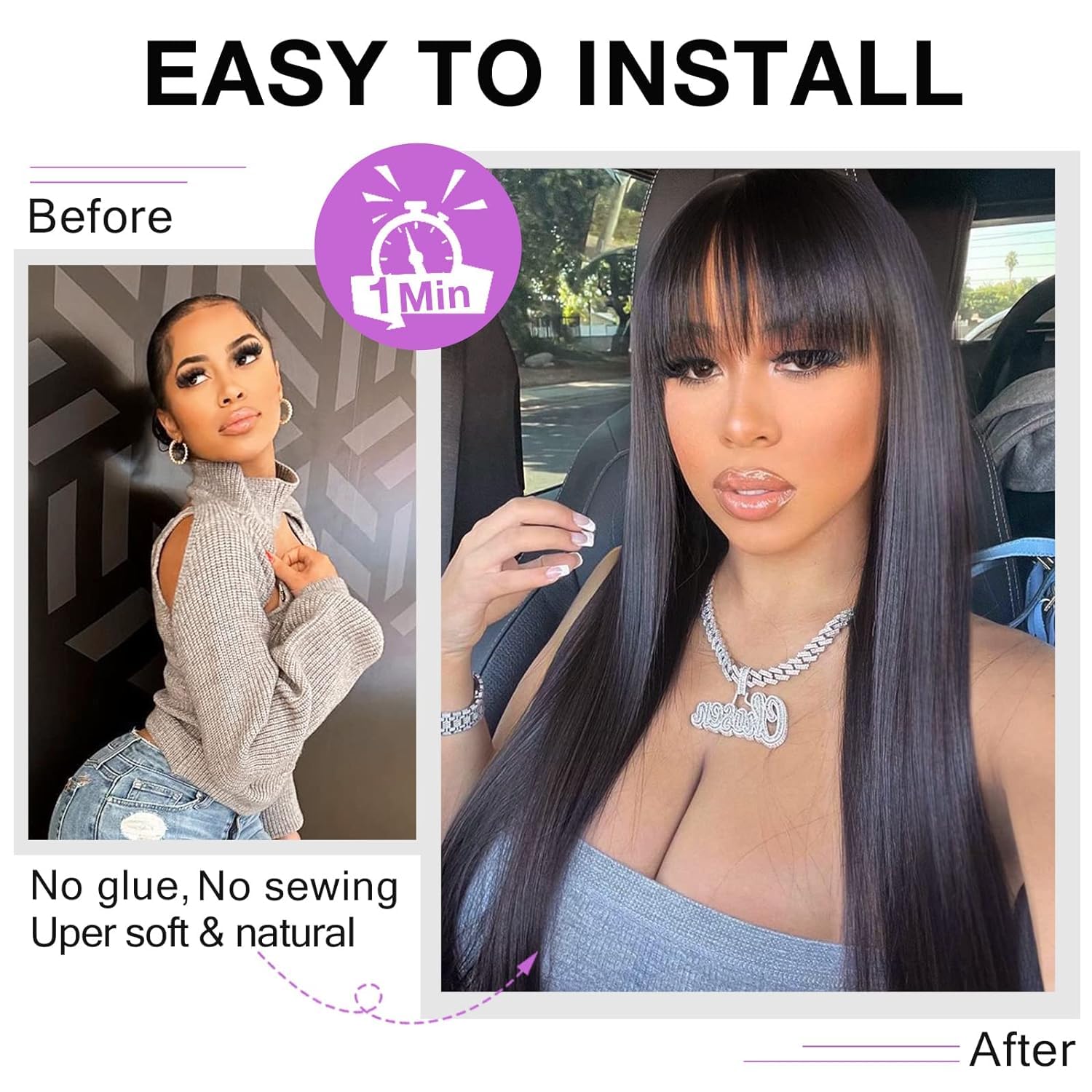 Wesface Straight Wig with Bangs Wear&Go Glueless Wig Virgin Human Hair Wigs