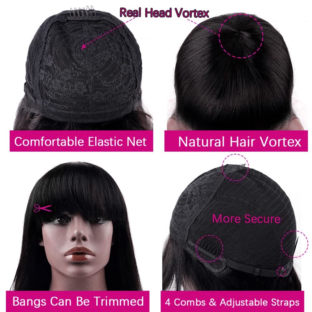 Wesface Straight Wig with Bangs Wear&Go Glueless Wig Virgin Human Hair Wigs