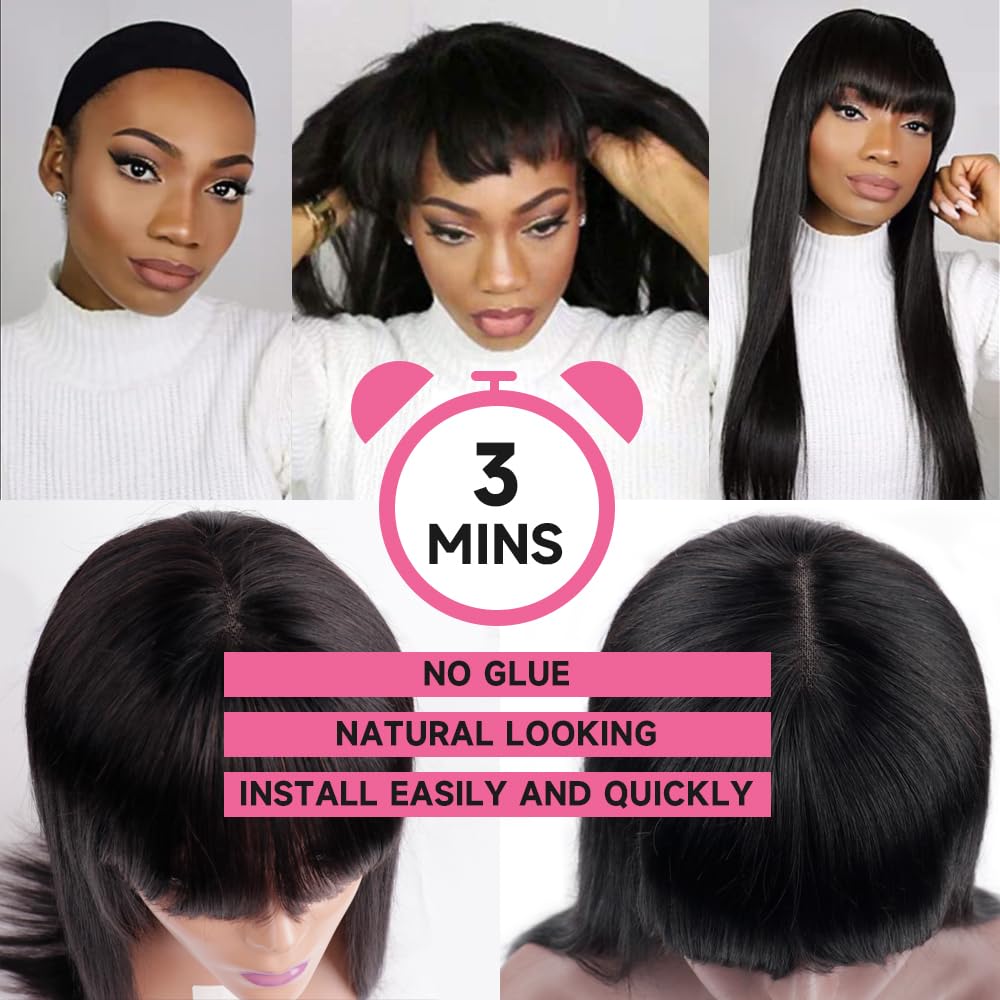 Wesface Straight Wig with Bangs Wear&Go Glueless Wig Virgin Human Hair Wigs