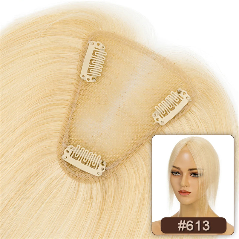 Toppers de cabelo humano castanho escuro com franja 100% cabelo humano remy para mulheres cabelo ralo base de seda clipe em topper