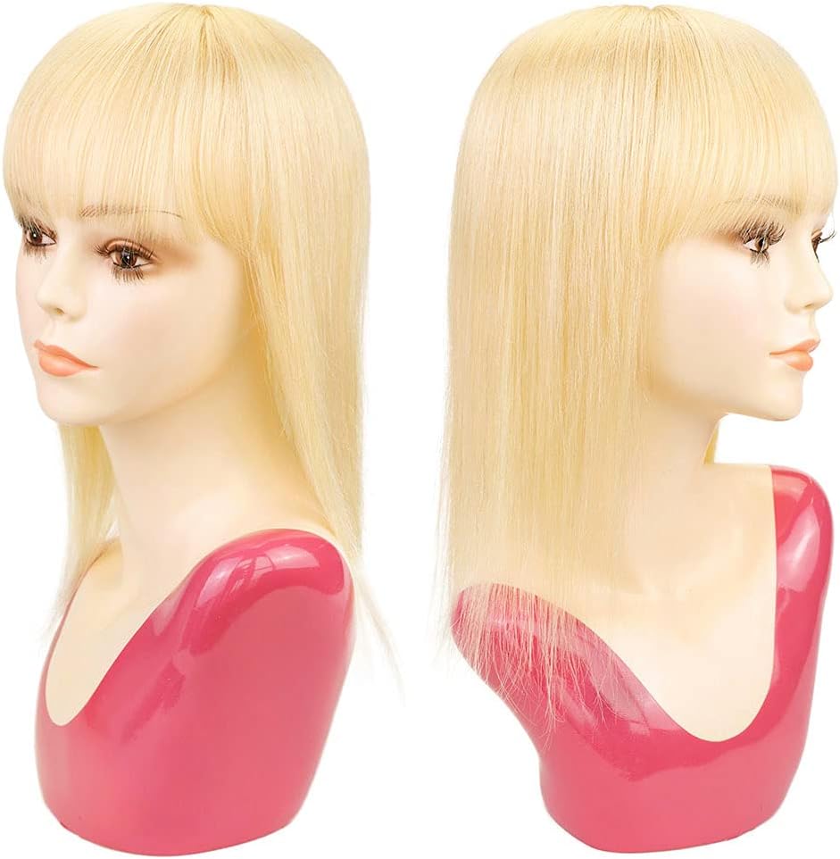 Blonde Color 613 Human Hair Piece Women Topper With Bangs Middle Part Clip In Hair Machine Made Weft Base