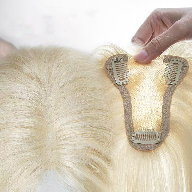 Blonde Color 613 Human Hair Piece Women Topper With Bangs Middle Part Clip In Hair Machine Made Weft Base