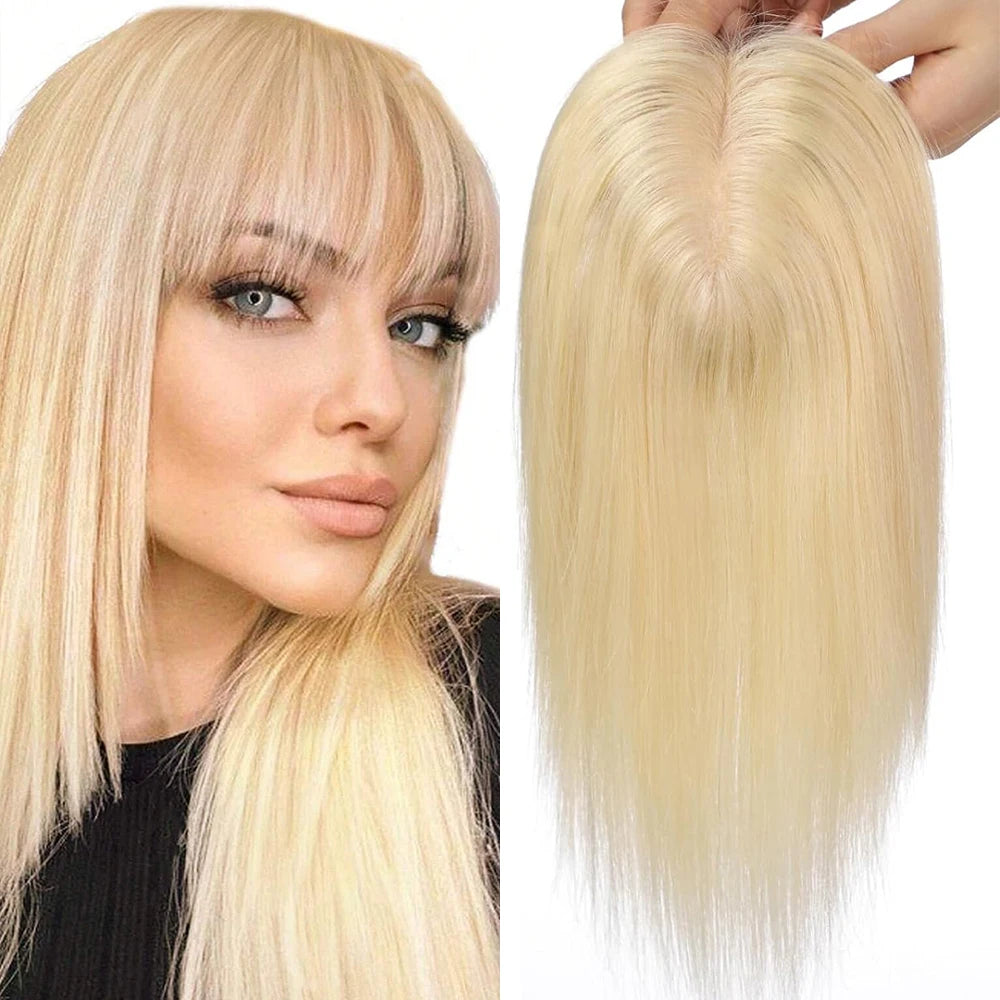 Blonde Color 613 Human Hair Piece Women Topper With Bangs Middle Part Clip In Hair Machine Made Weft Base