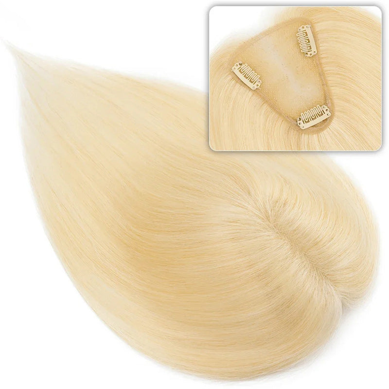 Blonde Color 613 Human Hair Piece Women Topper With Bangs Middle Part Clip In Hair Machine Made Weft Base