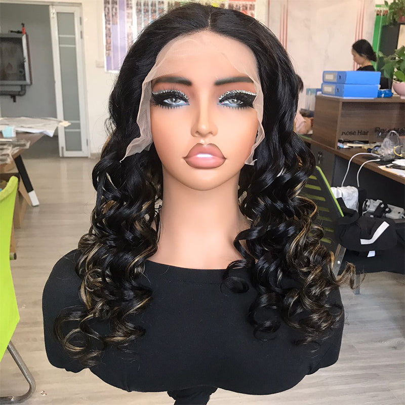Peluca con rizos hinchables Wesface P1B/27 precortada con encaje transpirable y gorro de aire para mujeres negras, densidad del 180 %