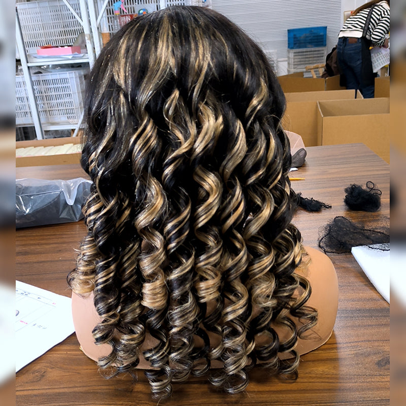 Wesface Bouncy Curls P1B/27 Pre-Cut Lace Breathable Cap-Air Wig For Black Women 180% Density