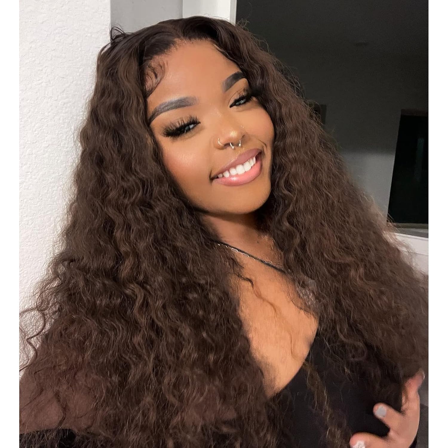 Wesface Brown Curly No Leave Out 180% Density V Part Glueless Wig Human Hair for Beginner Friendly No Glue
