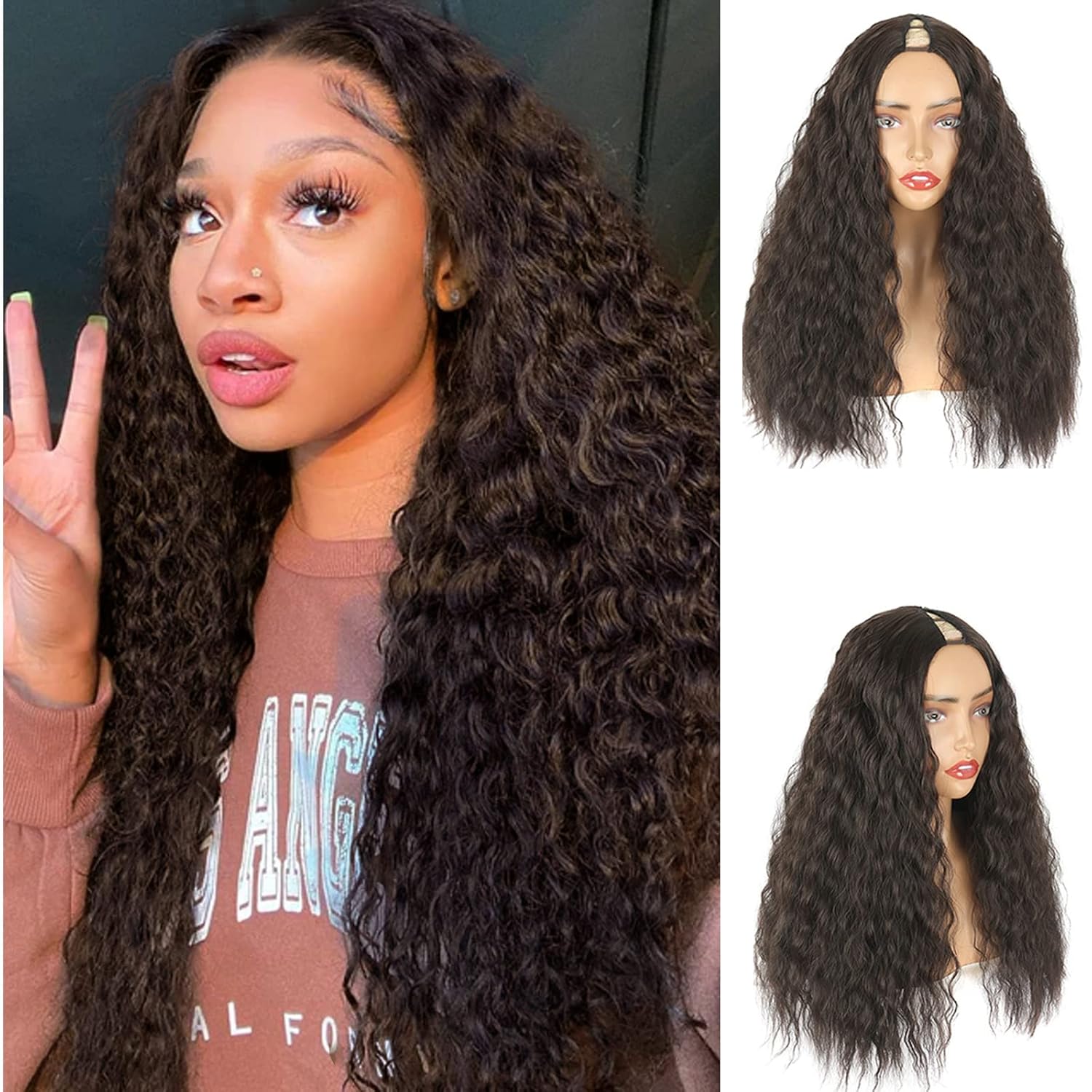 Wesface Brown Curly No Leave Out 180% Density V Part Glueless Wig Human Hair for Beginner Friendly No Glue