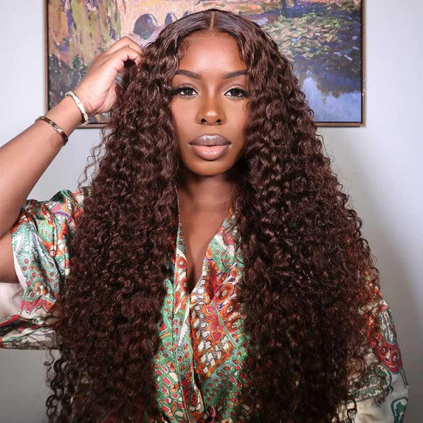 Wesface Brown Curly No Leave Out 180% Density V Part Glueless Wig Human Hair for Beginner Friendly No Glue