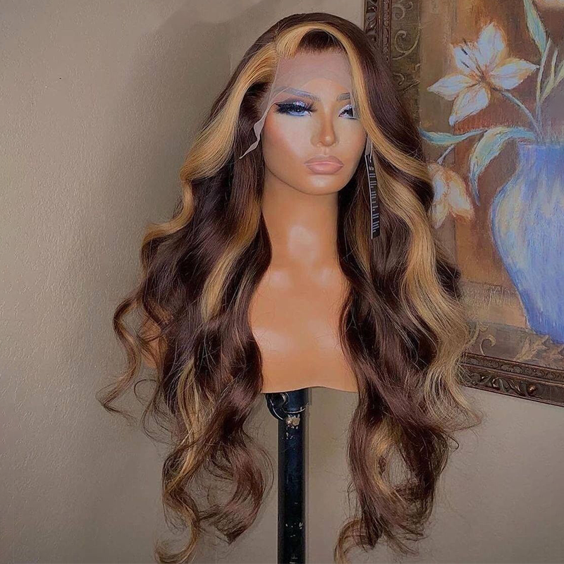 Wesface Chocolate Brown Skunk Stripe Body Wave 13×4 Transparent Lace Front Human Hair Wigs