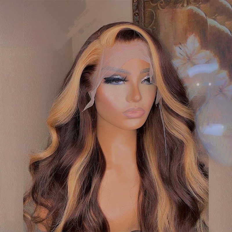 Wesface Chocolate Brown Skunk Stripe Body Wave 13×4 Transparent Lace Front Human Hair Wigs