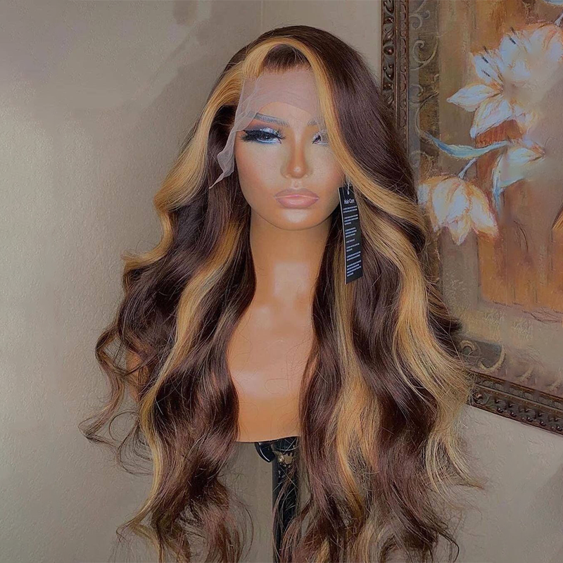 Wesface Chocolate Brown Skunk Stripe Body Wave 13×4 Transparent Lace Front Human Hair Wigs