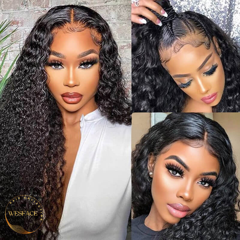Wesface Deep Curly 13x4 Lace Front Wig Upgrade Glueless Wig Natural Black Transparent Lace Human Hair Wig