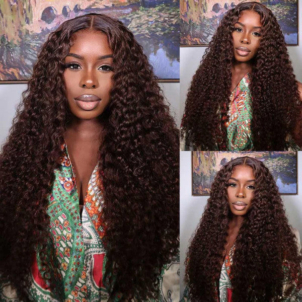 Wesface Brown Curly No Leave Out 180% Density V Part Glueless Wig Human Hair for Beginner Friendly No Glue