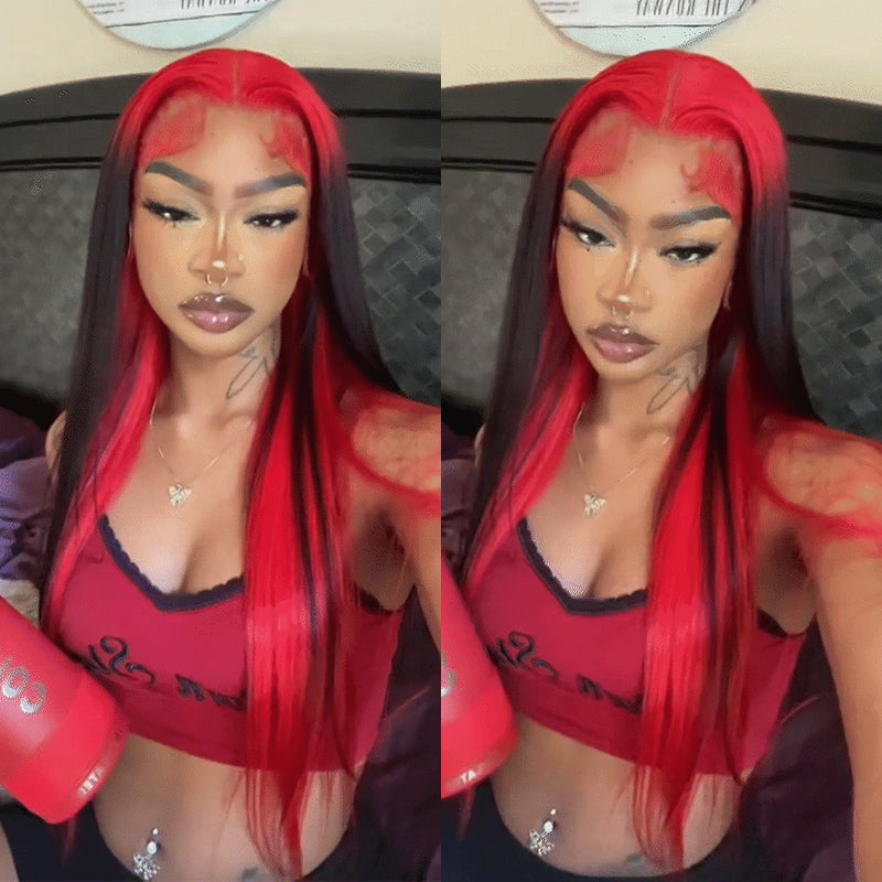 Peluca de cabello humano Wesface Demon de dos tonos, larga y recta, de 13 x 4 pulgadas, con encaje en rojo y negro