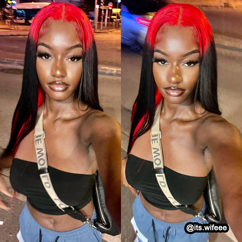 Peluca de cabello humano Wesface Demon de dos tonos, larga y recta, de 13 x 4 pulgadas, con encaje en rojo y negro