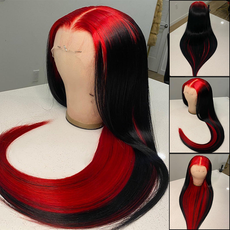 Peluca de cabello humano Wesface Demon de dos tonos, larga y recta, de 13 x 4 pulgadas, con encaje en rojo y negro