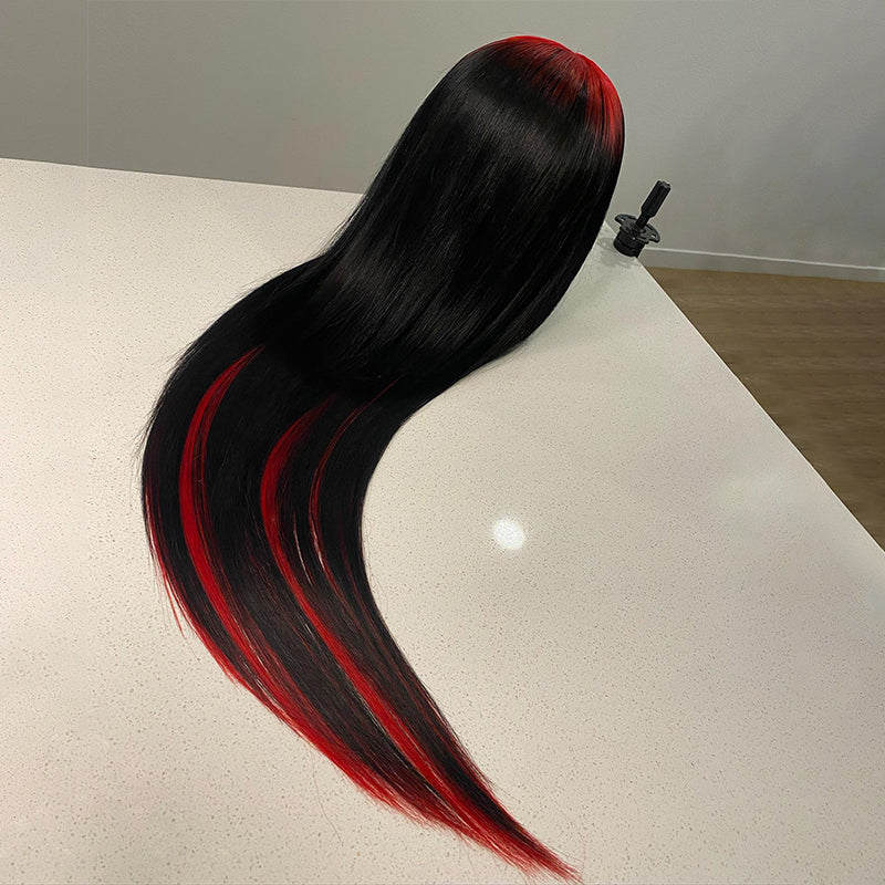 Peluca de cabello humano Wesface Demon de dos tonos, larga y recta, de 13 x 4 pulgadas, con encaje en rojo y negro