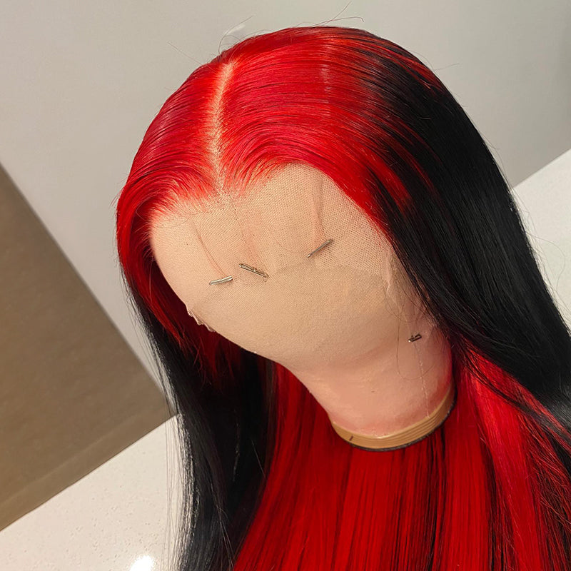 Peluca de cabello humano Wesface Demon de dos tonos, larga y recta, de 13 x 4 pulgadas, con encaje en rojo y negro