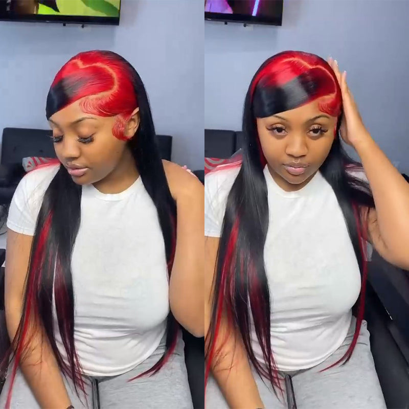 Peluca de cabello humano Wesface Demon de dos tonos, larga y recta, de 13 x 4 pulgadas, con encaje en rojo y negro