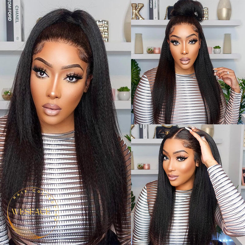 Wesface 16-30 Inch Kinky Straight Pre Cut Glueless Wig 5x5/ 4x6 HD Lace Closure Wig Natural Black Human Virgin Hair