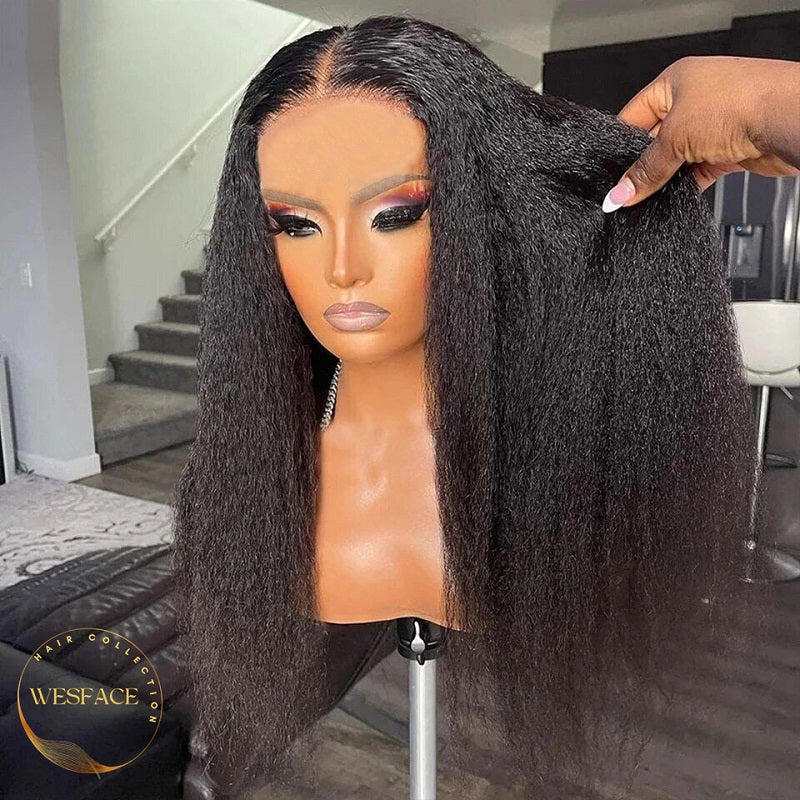 Wesface 16-30 Inch Kinky Straight Pre-Cut Glueless Wig 5x5/4x6 HD Lace Closure Wig Natural Black Human Virgin Hair