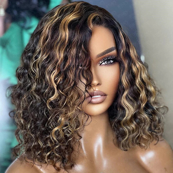Pay 1 Get 2 Curly Natural Black+P4/27 Color 4x4 Lace Bob Wig 180% Density