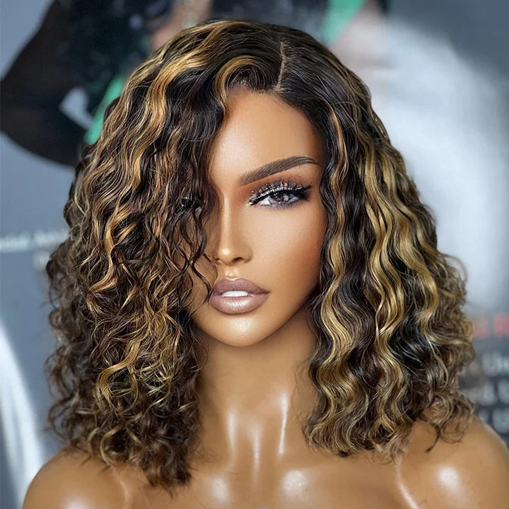 Pay 1 Get 2 Curly Natural Black+P4/27 Color 4x4 Lace Bob Wig 180% Density