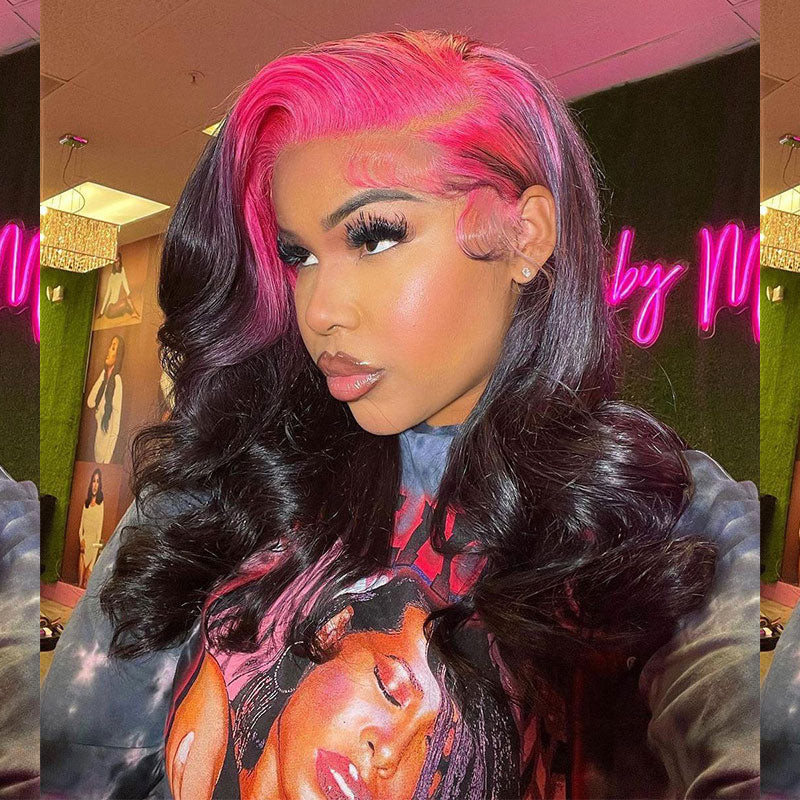 Wesface Body Wave Sparkle Hot Pink Roots Black Color 13x4 Lace Front Wig