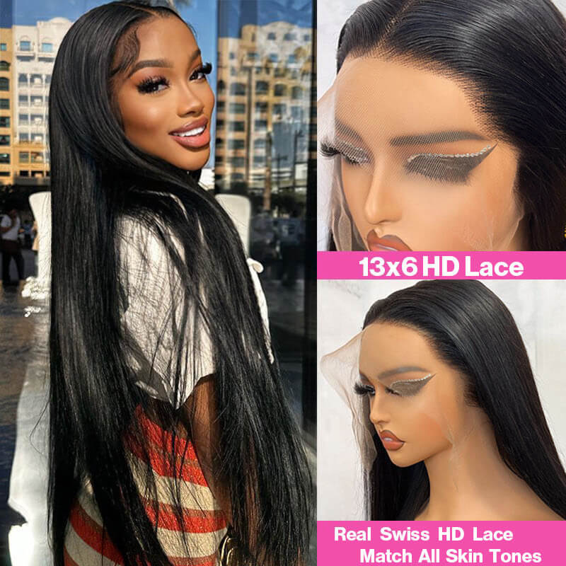 Wesface Loose Body Wave/Straight 13x6 HD Lace Front Wig Natural Black Human Hair Wig