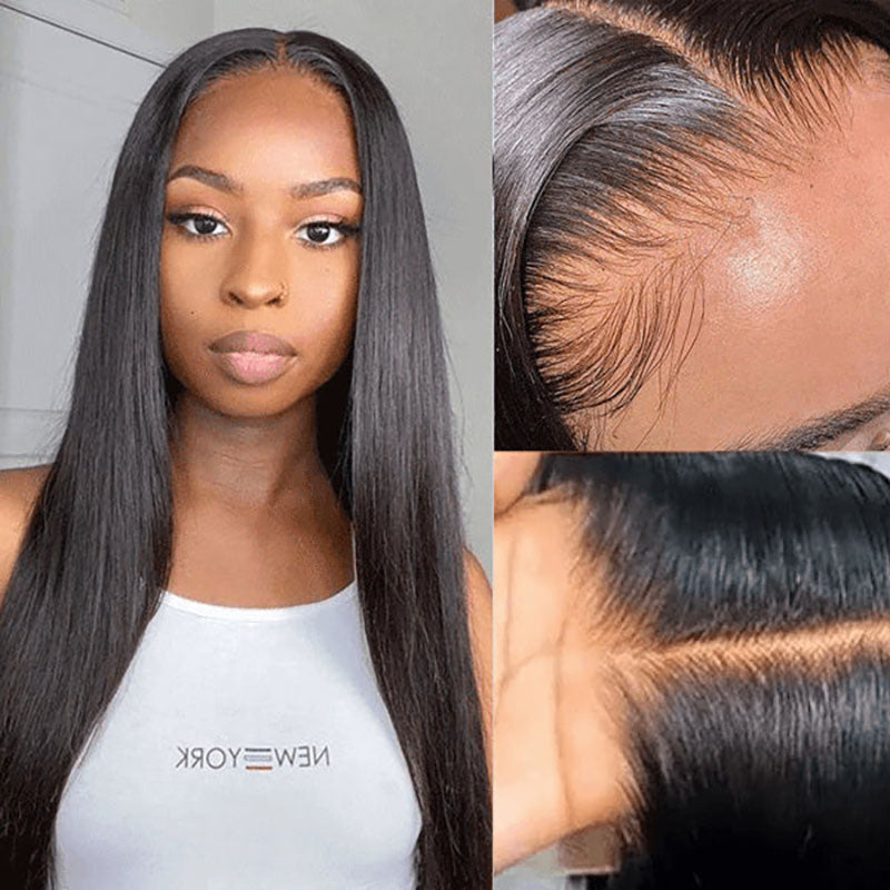 6x6 Lace Closure Straight 180% Density Human Hair Natural Black Wigs
