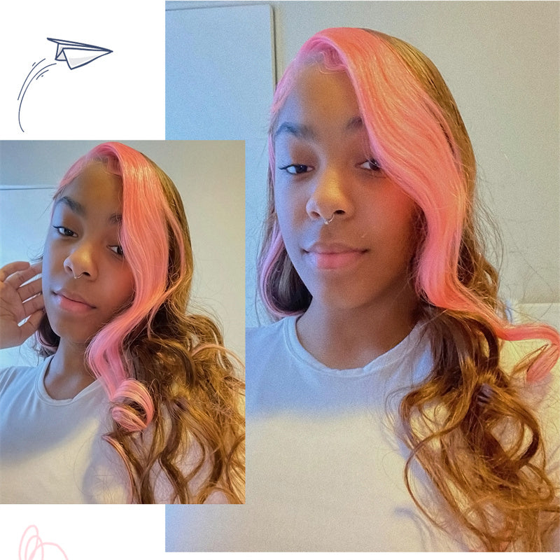Wesface Strawberry Pink & Chocolate Skunk Stripe Straight 13×4 Lace Front wig