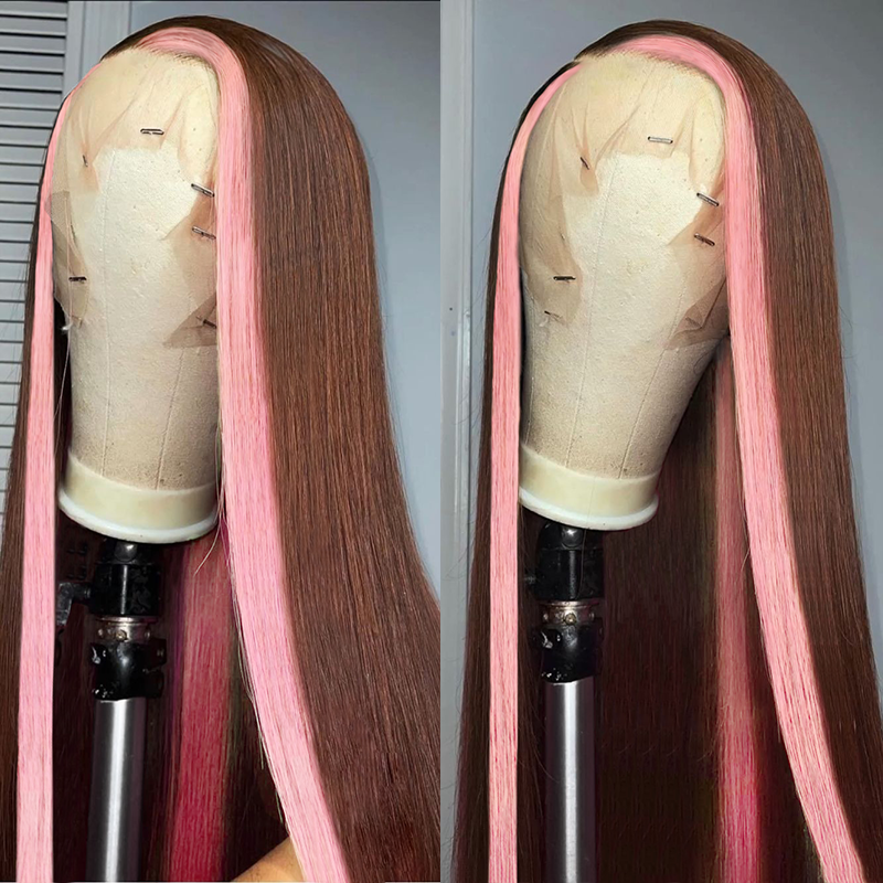 Wesface Strawberry Pink & Chocolate Skunk Stripe Straight 13×4 Lace Front wig