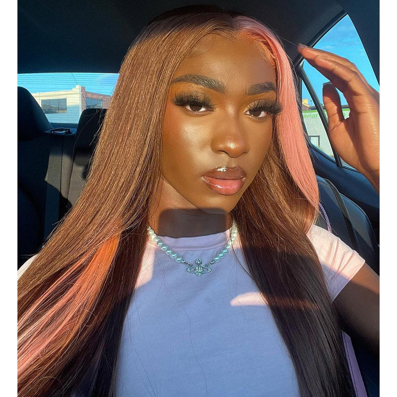Wesface Strawberry Pink & Chocolate Skunk Stripe Straight 13×4 Lace Front wig
