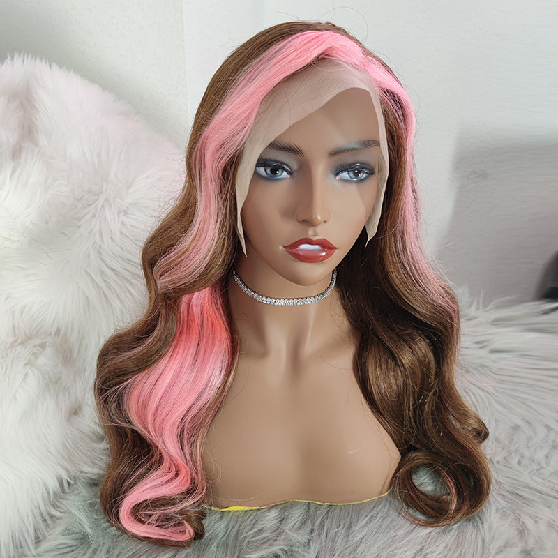 Wesface Strawberry Pink & Chocolate Skunk Stripe Straight 13×4 Lace Front wig