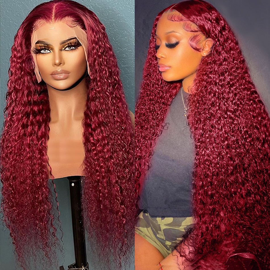 Wesface Curly Burgundy Human Hair Brazilian Red Color Deep Wave 13x4 Lace Front Human Hair Wigs For Women