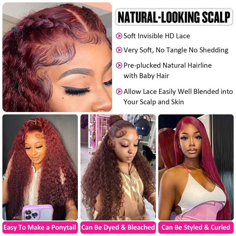 Wesface Curly Burgundy Human Hair Brazilian Red Color Deep Wave 13x4 Lace Front Human Hair Wigs For Women