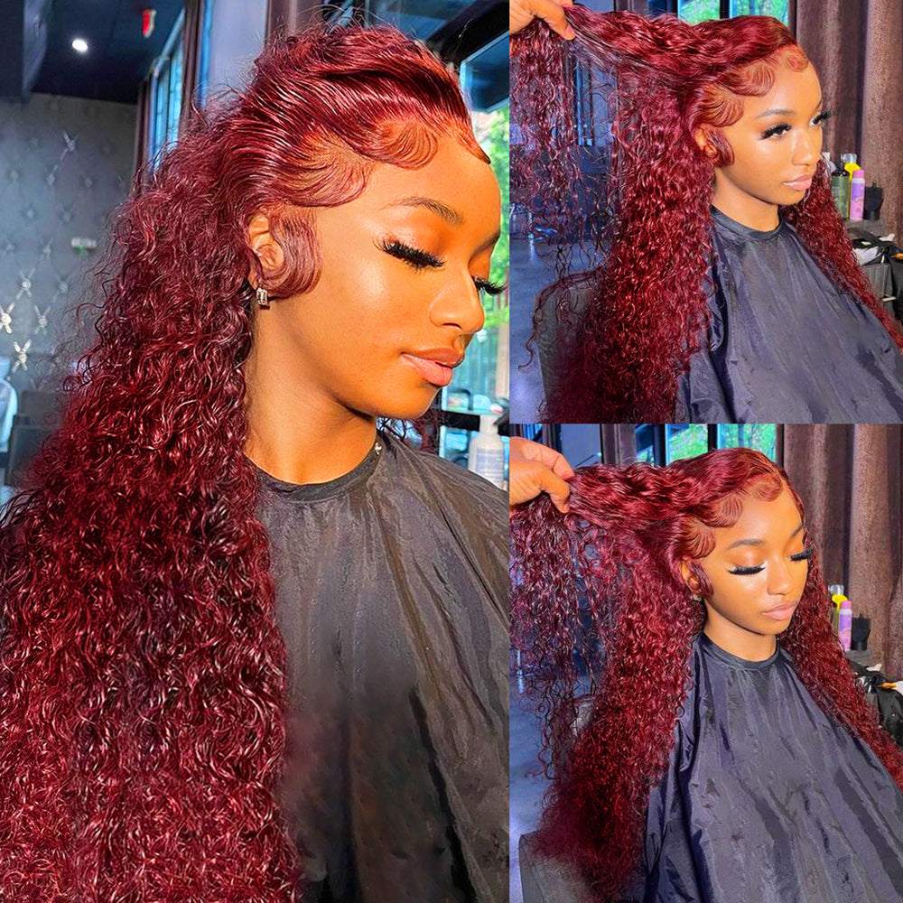 Wesface Curly Burgundy Human Hair Brazilian Red Color Deep Wave 13x4 Lace Front Human Hair Wigs For Women