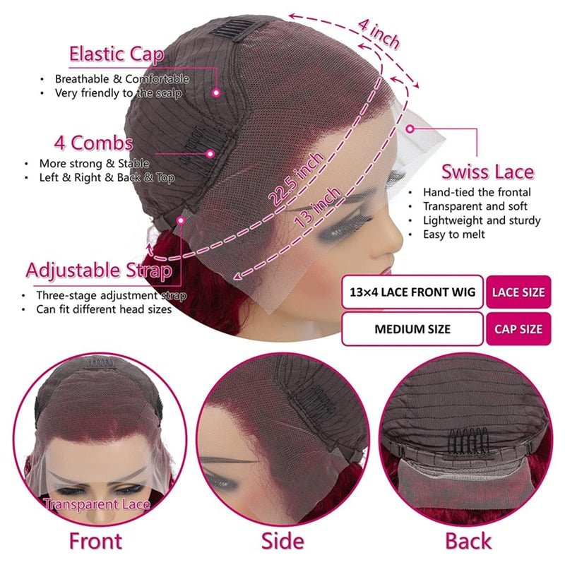 Wesface Curly Burgundy Human Hair Brazilian Red Color Deep Wave 13x4 Lace Front Human Hair Wigs For Women