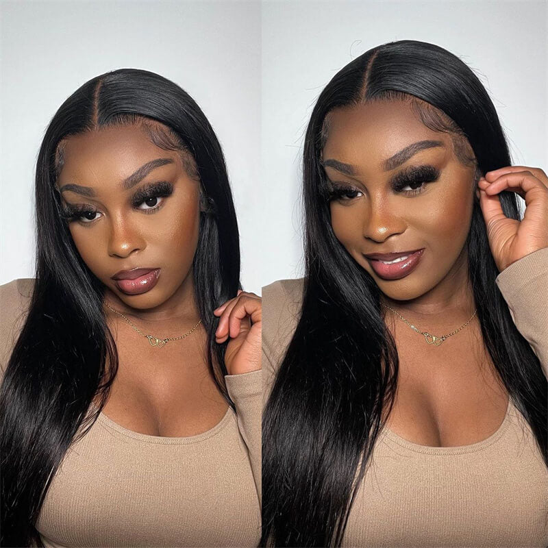 6x6 Lace Closure Straight 180% Density Human Hair Natural Black Wigs