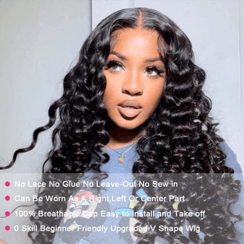 Wesface Loose Deep Wave V Part Wig Natural Black Human Virgin Hair For Women 180% Density