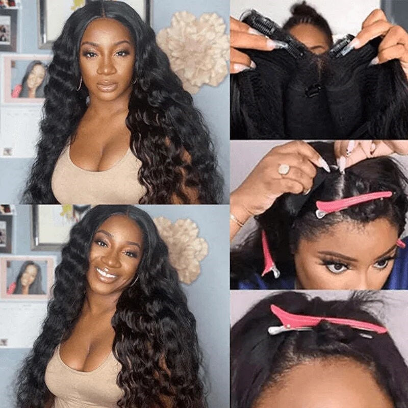 Wesface Loose Deep Wave V Part Wig Natural Black Human Virgin Hair For Women 180% Density