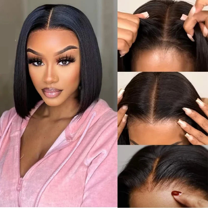 Wesface Short Bob Straight Wear Go 4x4 Pre-Cut Airy Cap Wig Lace Closure Glueless Human Hair Wig 180% Density