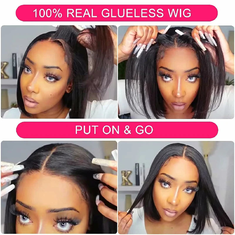 Wesface Short Bob Straight Wear Go 4x4 Pre-Cut Airy Cap Wig Lace Closure Glueless Human Hair Wig 180% Density