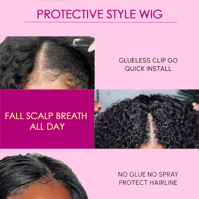 【Without Leave-Out】Wesface Water Wave V Part Wig Human Hair Curly V Part Wig WearGo Glueless Wig Natural Black Human Hair Wig