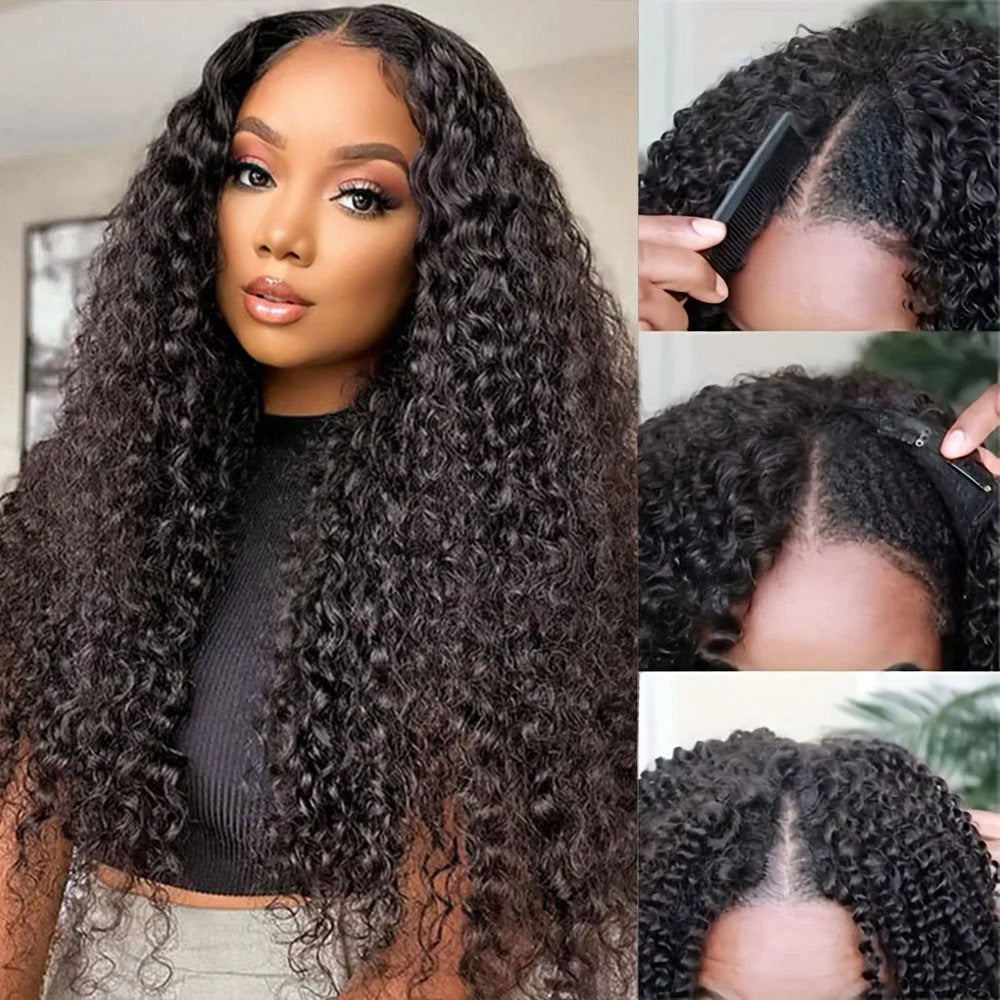 【Without Leave-Out】Wesface Water Wave V Part Wig Human Hair Curly V Part Wig WearGo Glueless Wig Natural Black Human Hair Wig